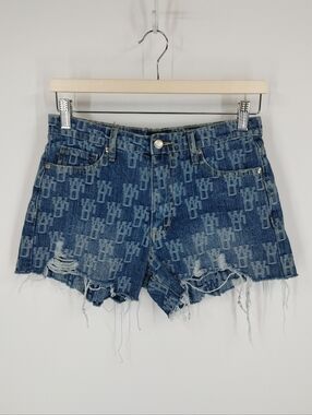 We11done Distressed Monogram Denim Shorts
